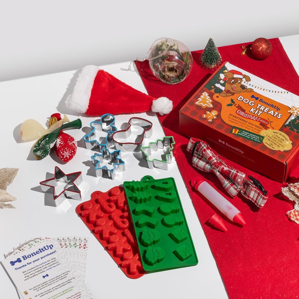 Dog Treat Kit for Christmas – 2 Silicone Christmas Edition Cookie Molds, 5 Cookie Cutters, 10 Recipes, Bow, Dog Hat, 4 Decorating Balloons, Decorating Pen – Ideal DIY Kit for Dogs Lover