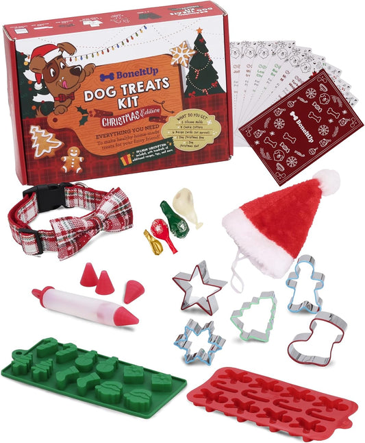 Dog Treat Kit for Christmas – 2 Silicone Christmas Edition Cookie Molds, 5 Cookie Cutters, 10 Recipes, Bow, Dog Hat, 4 Decorating Balloons, Decorating Pen – Ideal DIY Kit for Dogs Lover